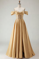 Load image into Gallery viewer, Sparkly Purple A Line Beaded Satin Long Corset Prom Dress with Slit