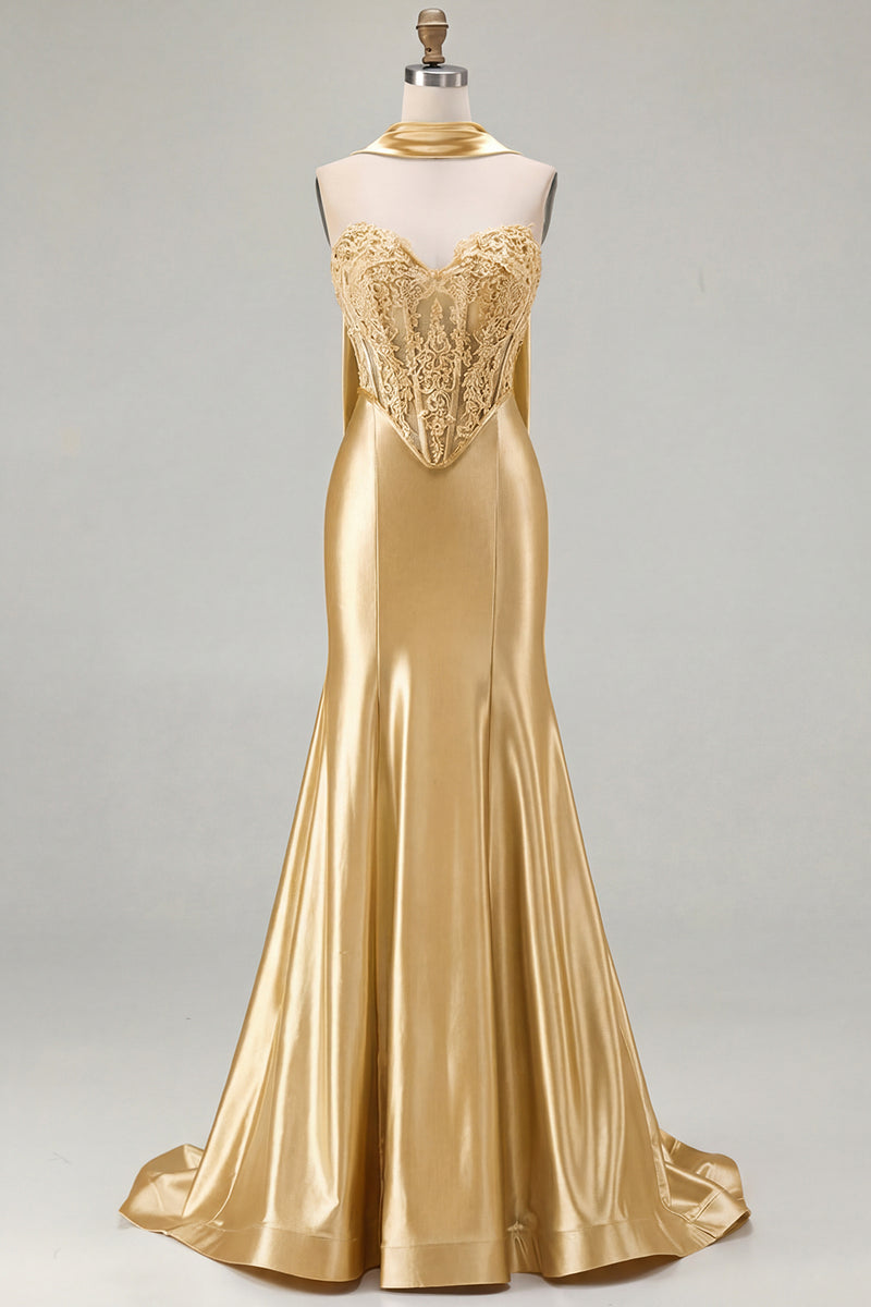 Load image into Gallery viewer, Blue Satin Sweetheart Mermaid Long Corset Prom Dress