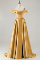 Load image into Gallery viewer, Blue A Line Off the Shoulder Satin Long Prom Dress with Slit
