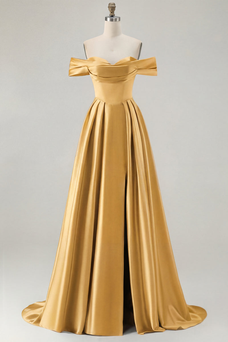 Load image into Gallery viewer, Blue A Line Off the Shoulder Satin Long Prom Dress with Slit