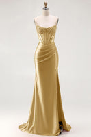 Load image into Gallery viewer, Sparkly Red Mermaid Satin Beaded Long Corset Prom Dress with Slit