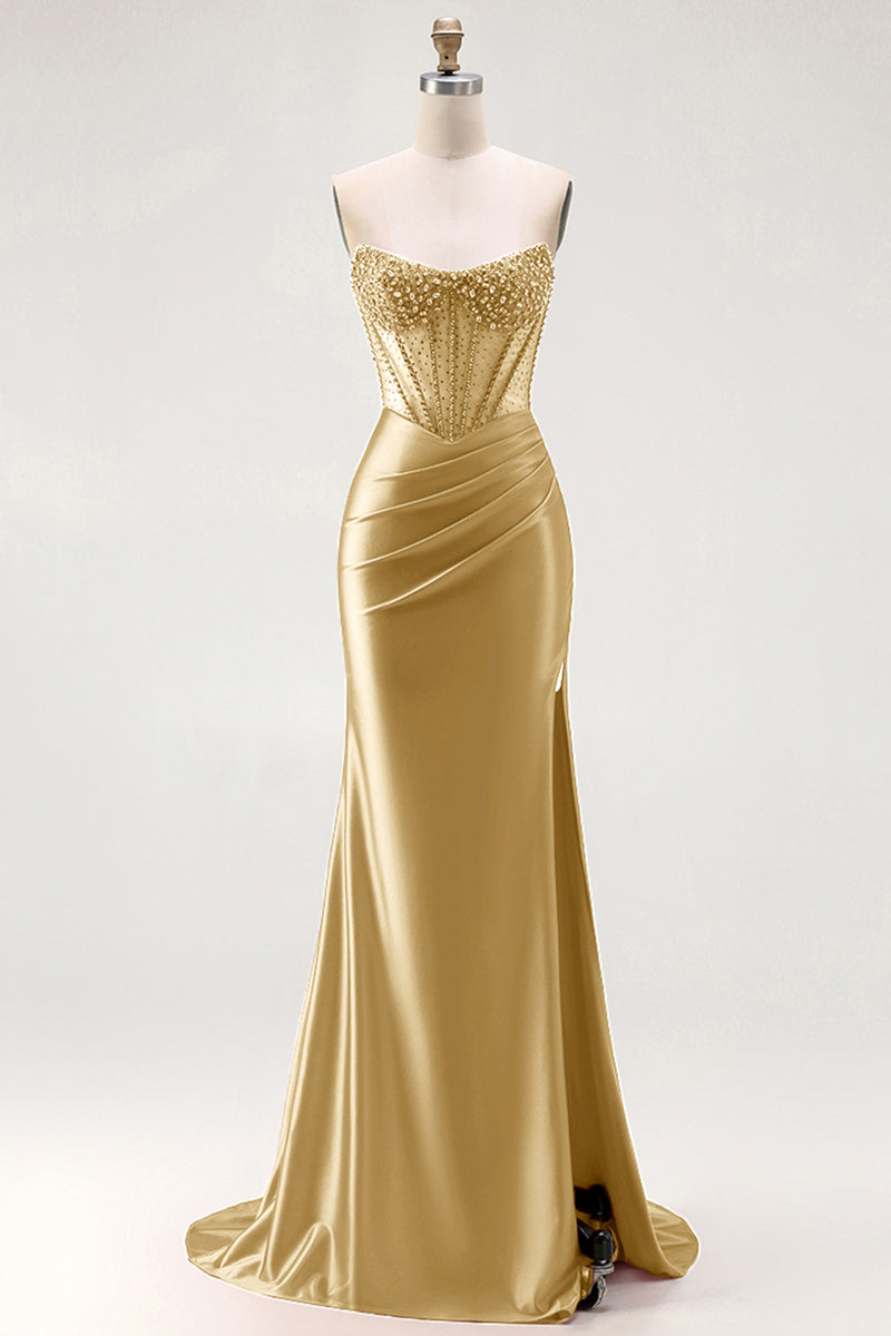 Load image into Gallery viewer, Sparkly Red Mermaid Satin Beaded Long Corset Prom Dress with Slit