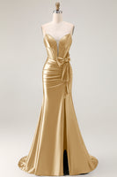 Load image into Gallery viewer, Navy Mermaid Strapless Corset Maxi Prom Dress with Slit