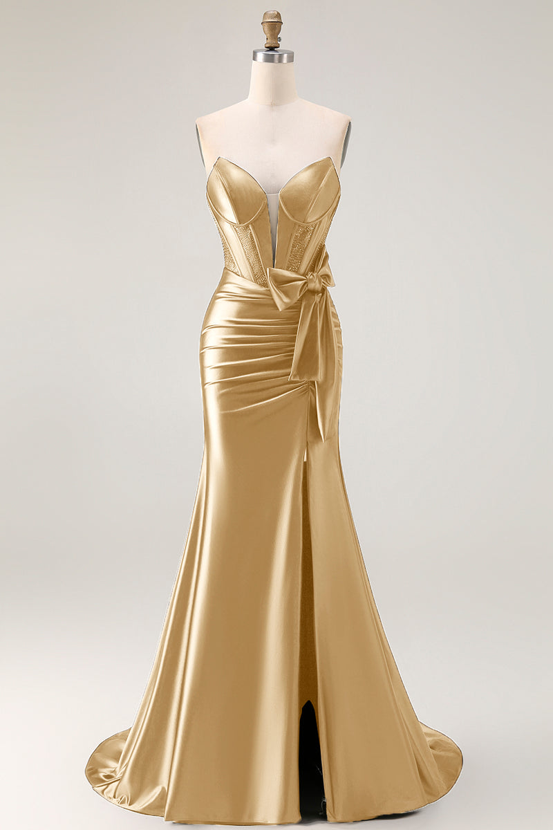 Load image into Gallery viewer, Navy Mermaid Strapless Corset Maxi Prom Dress with Slit