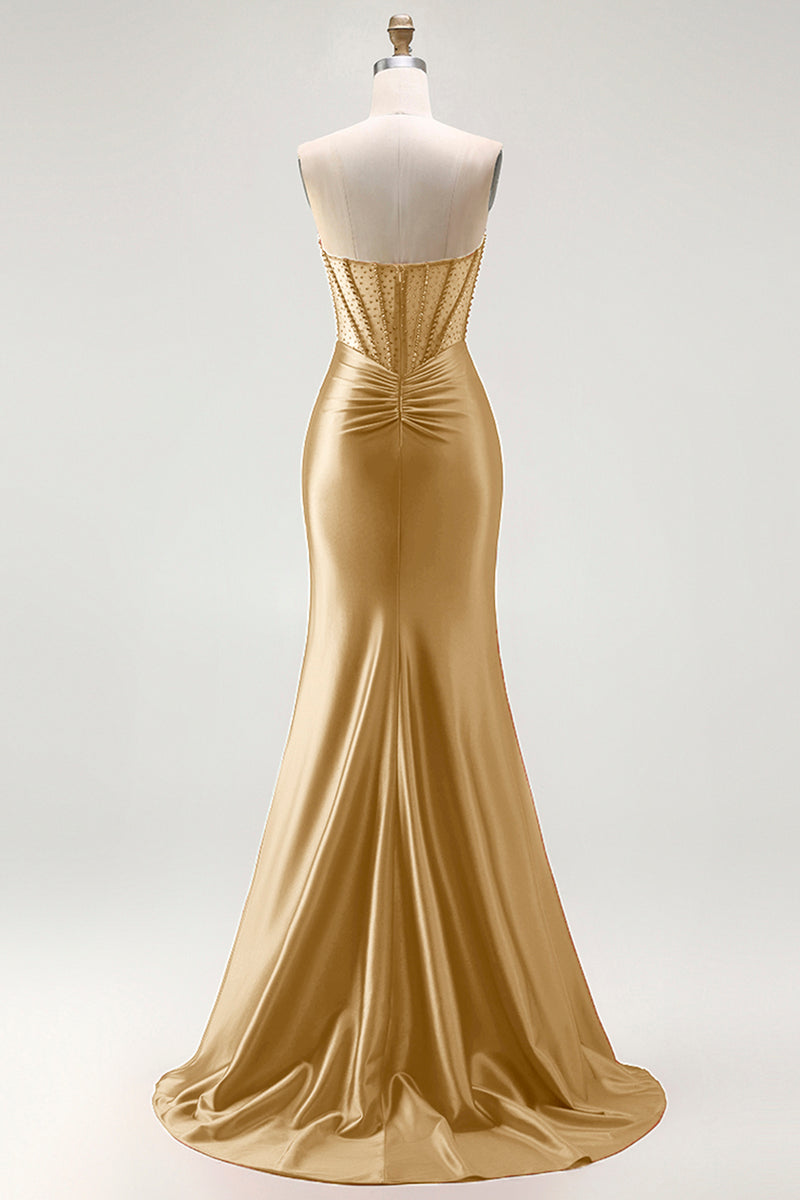 Load image into Gallery viewer, Sparkly Red Mermaid Satin Beaded Long Corset Prom Dress with Slit
