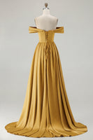 Load image into Gallery viewer, Blue A Line Off the Shoulder Satin Long Prom Dress with Slit