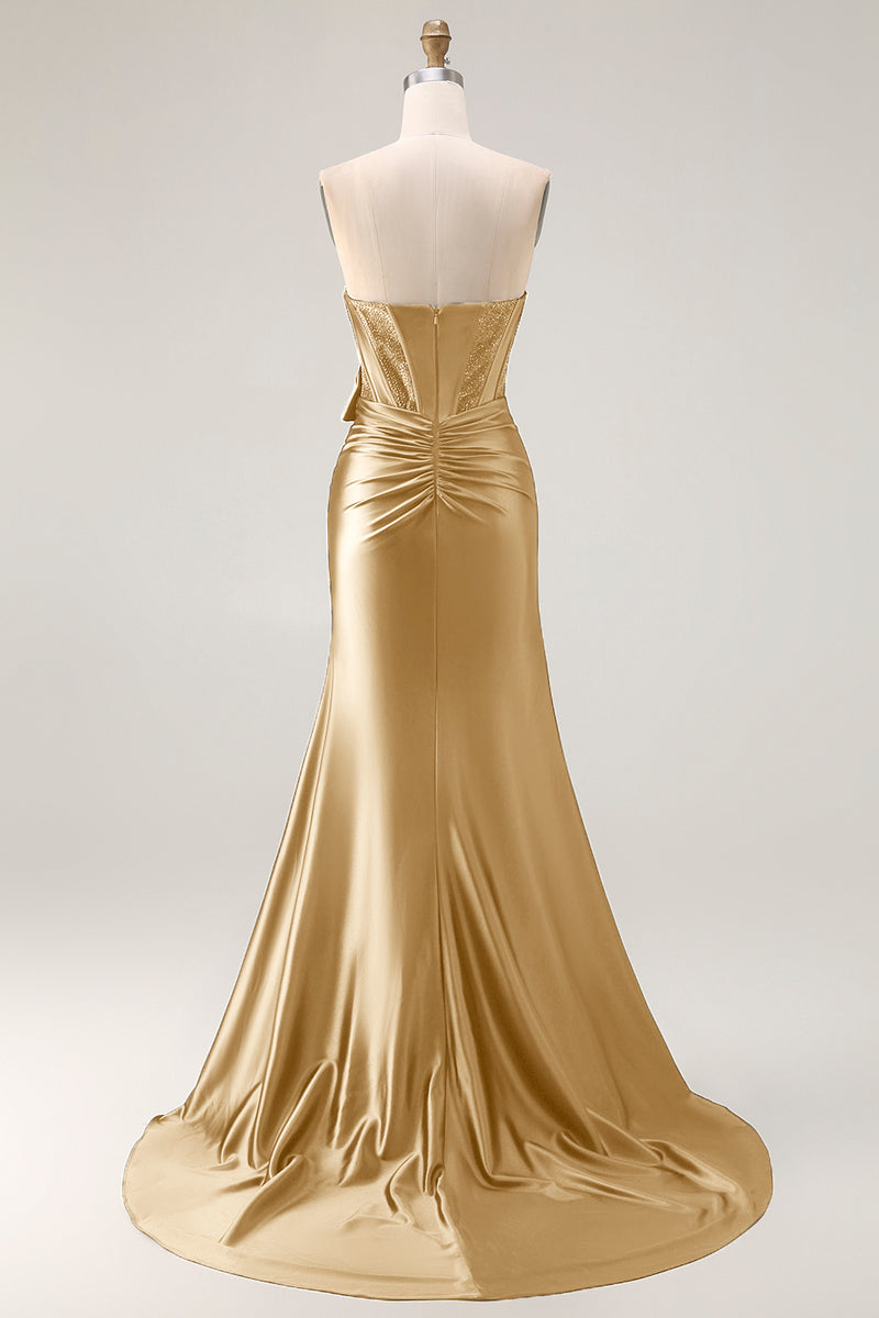 Load image into Gallery viewer, Navy Mermaid Strapless Corset Maxi Prom Dress with Slit