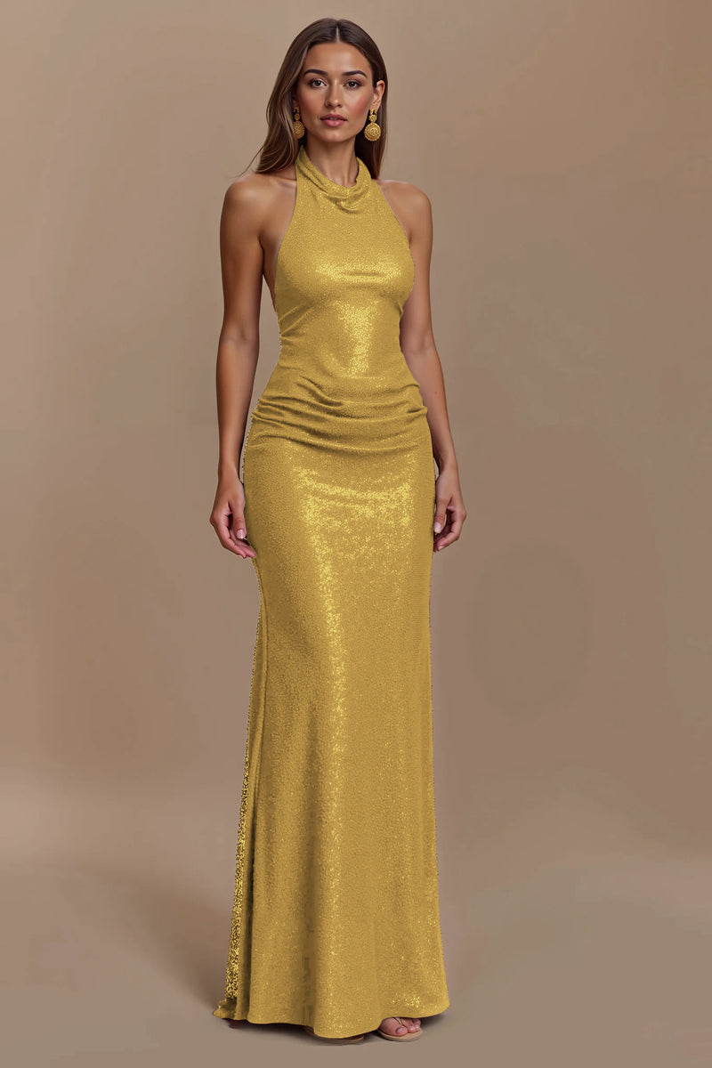 Load image into Gallery viewer, Glitter Burgundy Sheath Halter Ruched Long Holiday Party Dress