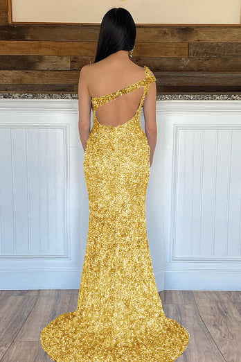 Mermaid One Shoulder Dark Green Sequins Long Prom Dress