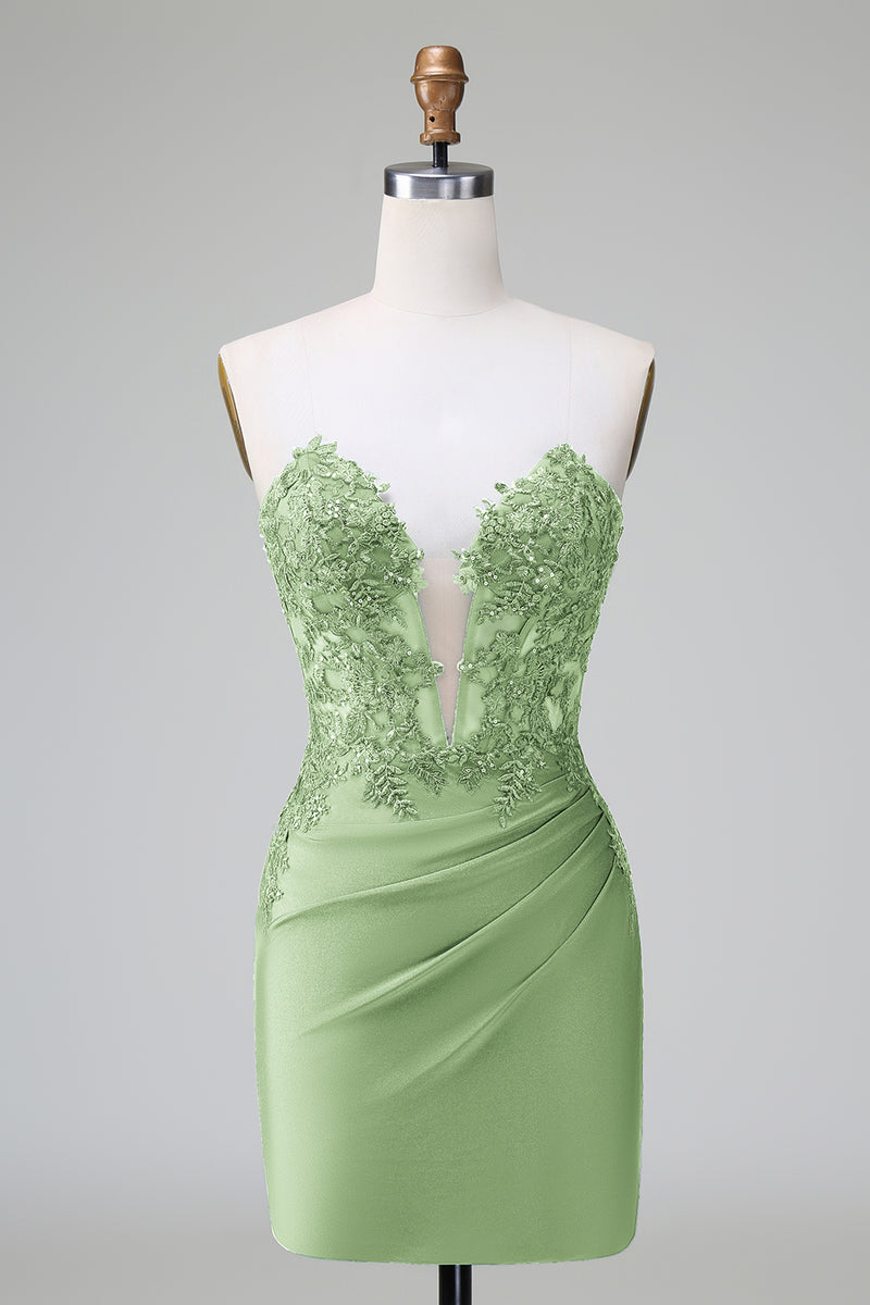 Load image into Gallery viewer, Glitter Dark Green Beaded Tight Appliques Short Prom Dress