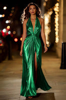 Load image into Gallery viewer, Sparkly Gold Metallic Halter Ruched Long Formal Dress with Slit