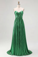 Load image into Gallery viewer, Gold Pleated Metallic Strapless A Line Long Prom Dress