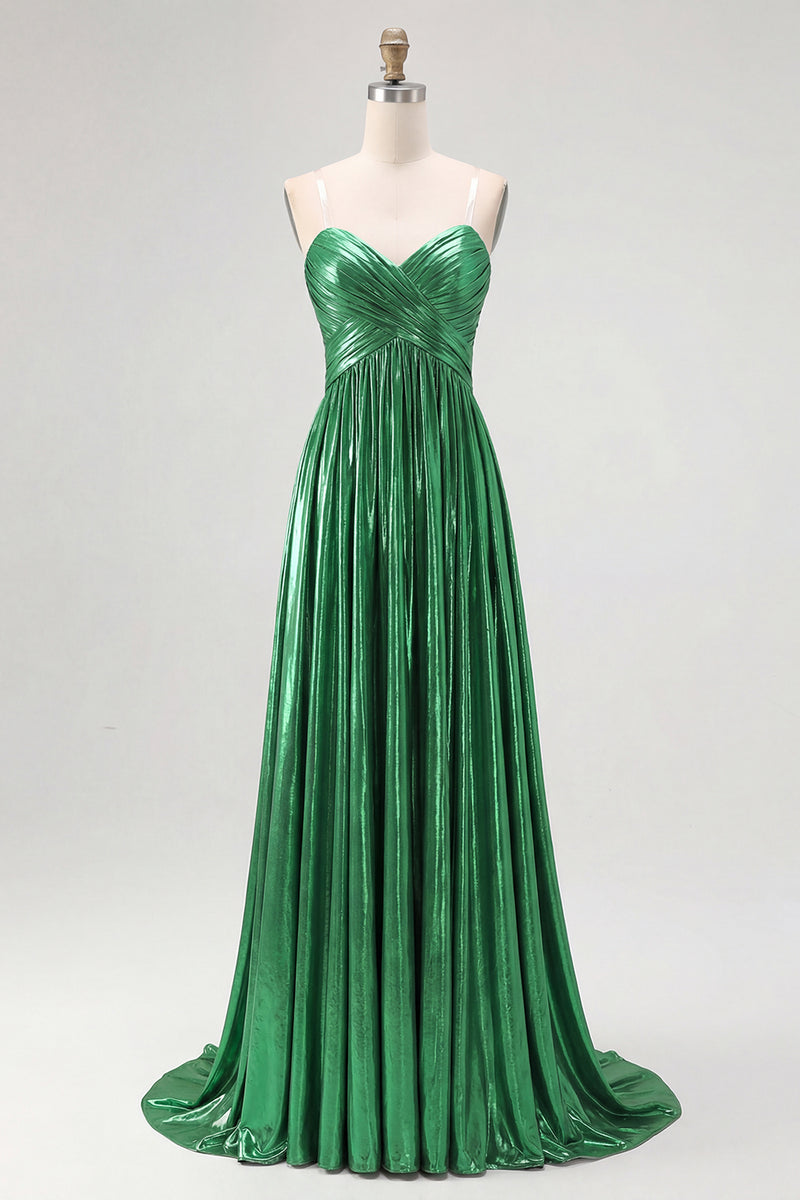 Load image into Gallery viewer, Gold Pleated Metallic Strapless A Line Long Prom Dress