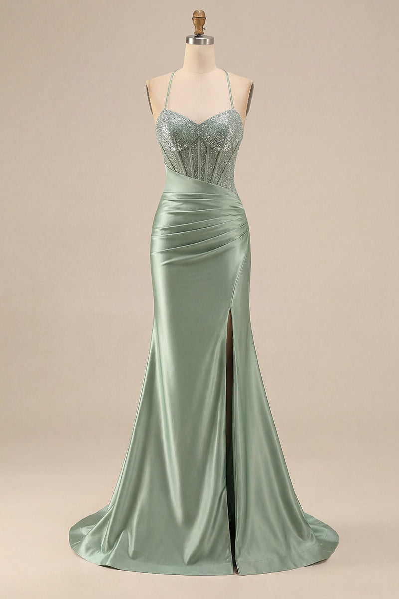 Load image into Gallery viewer, Sparkly Pink Mermaid Long Corset Prom Dress with Slit