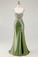 Load image into Gallery viewer, Sparkly Grey Pink Mermaid Satin Long Corset Prom Dress with Slit