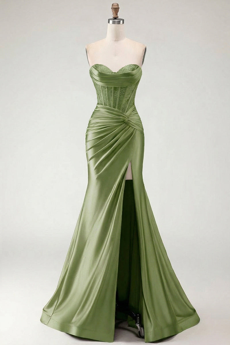 Load image into Gallery viewer, Burgundy Mermaid Satin Long Corset Prom Dress with Slit