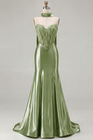 Load image into Gallery viewer, Blue Satin Sweetheart Mermaid Long Corset Prom Dress