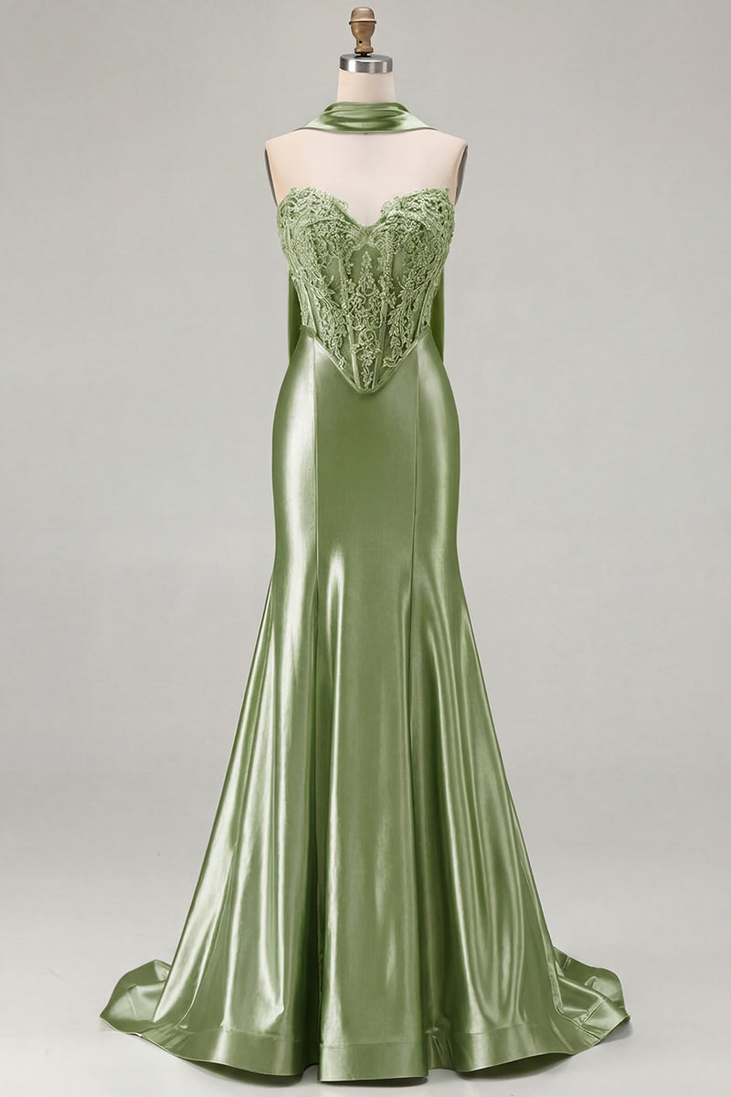Load image into Gallery viewer, Blue Satin Sweetheart Mermaid Long Corset Prom Dress