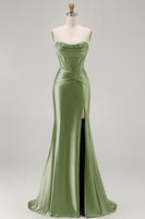 Load image into Gallery viewer, Dark Green Strapless Satin Mermaid Long Corset Prom Dress with Slit
