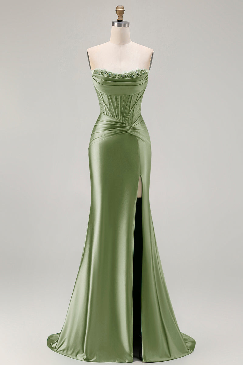 Load image into Gallery viewer, Dark Green Strapless Satin Mermaid Long Corset Prom Dress with Slit
