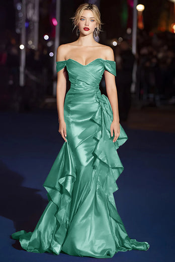 Dark Green Mermaid Off the Shoulder Long Gala Dress with Ruffles