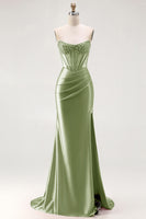 Load image into Gallery viewer, Sparkly Red Mermaid Satin Beaded Long Corset Prom Dress with Slit