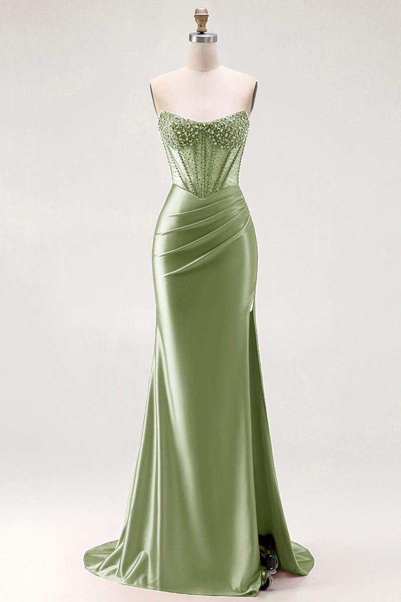 Load image into Gallery viewer, Sparkly Red Mermaid Satin Beaded Long Corset Prom Dress with Slit
