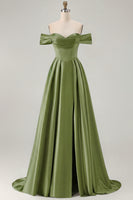 Load image into Gallery viewer, Blue A Line Off the Shoulder Satin Long Prom Dress with Slit