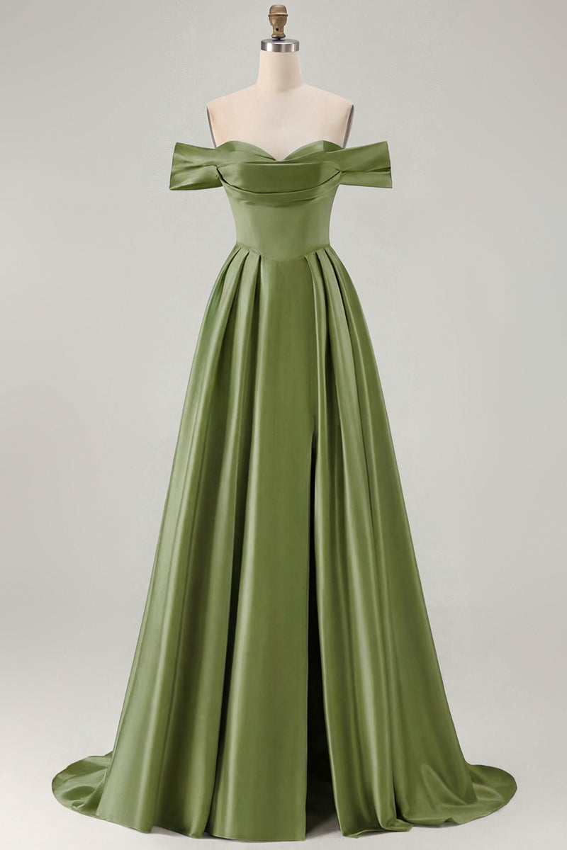 Load image into Gallery viewer, Blue A Line Off the Shoulder Satin Long Prom Dress with Slit