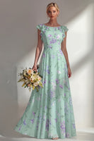 Load image into Gallery viewer, Floral Boat Neck Blue A Line Long Beach Wedding Guest Dress with Ruffles