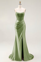 Load image into Gallery viewer, Sparkly Blush Strapless Mermaid Ruched Long Prom Dress with Slit