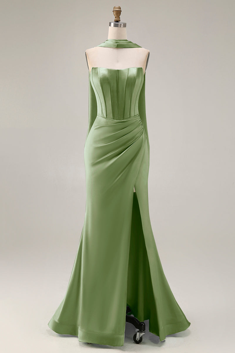 Load image into Gallery viewer, Mermaid Light Green Corset Neck Scarf Long Prom Dress with Slit