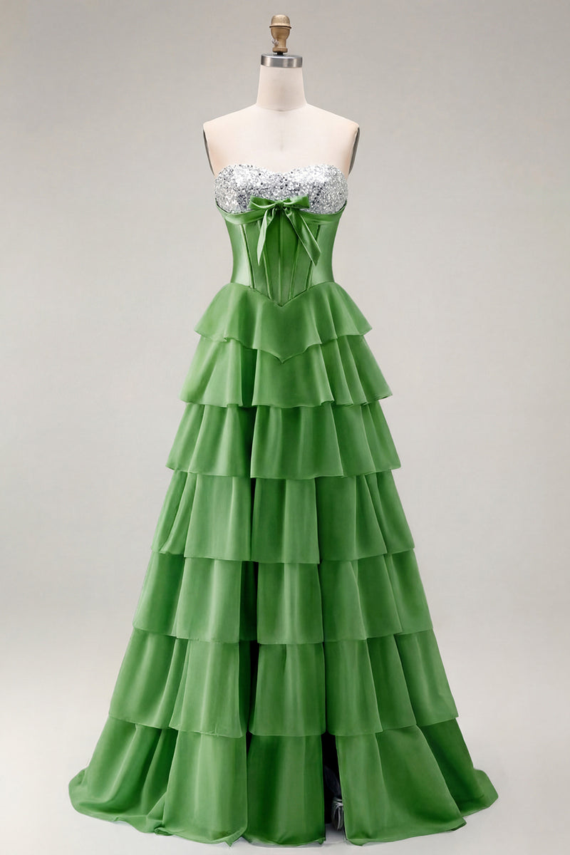 Load image into Gallery viewer, Pink Ruffled Sequin Long Corset Prom Dress with Bow