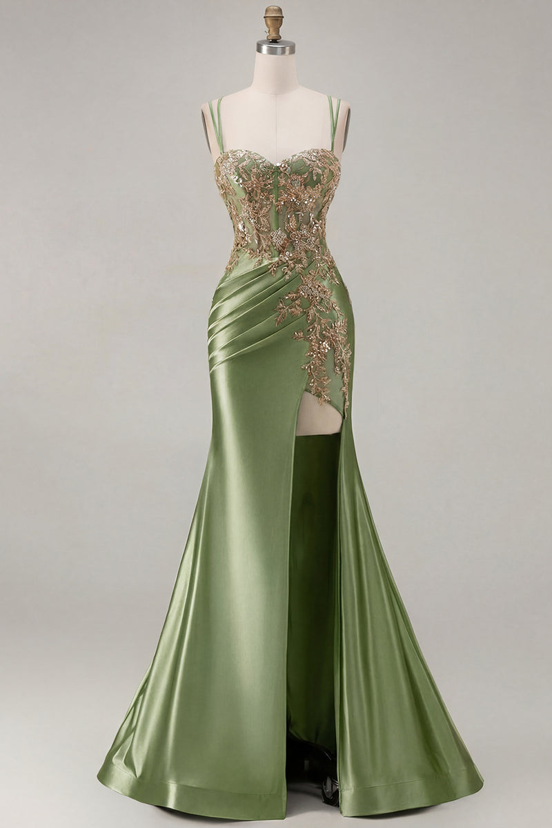 Load image into Gallery viewer, Sparkly Black Satin Floral Appliqued Long Corset Prom Dress with Slit