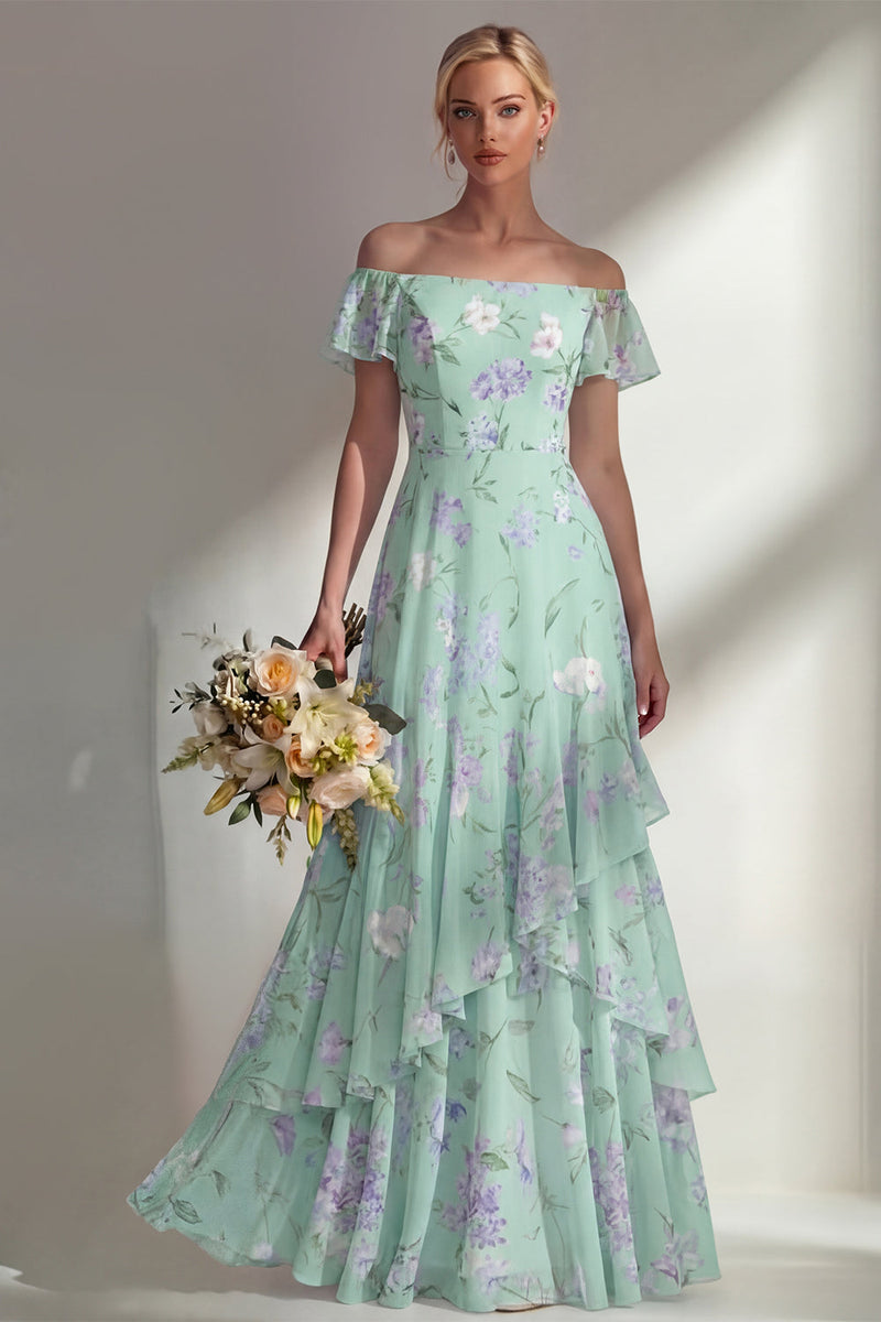 Load image into Gallery viewer, Floral Green A Line Off the Shoulder Long Boho Wedding Guest Dress with Ruffles