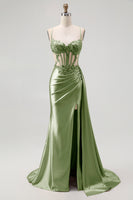 Load image into Gallery viewer, Sparkly Champagne Mermaid Satin Spaghetti Straps Long Prom Dress with Beading