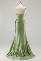 Load image into Gallery viewer, Dark Green Strapless Satin Mermaid Long Corset Prom Dress with Slit