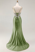 Load image into Gallery viewer, Sparkly Grey Pink Mermaid Satin Long Corset Prom Dress with Slit