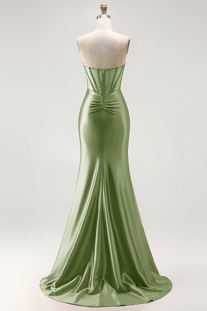 Load image into Gallery viewer, Sparkly Red Mermaid Satin Beaded Long Corset Prom Dress with Slit