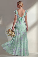 Load image into Gallery viewer, Floral Boat Neck Blue A Line Long Beach Wedding Guest Dress with Ruffles