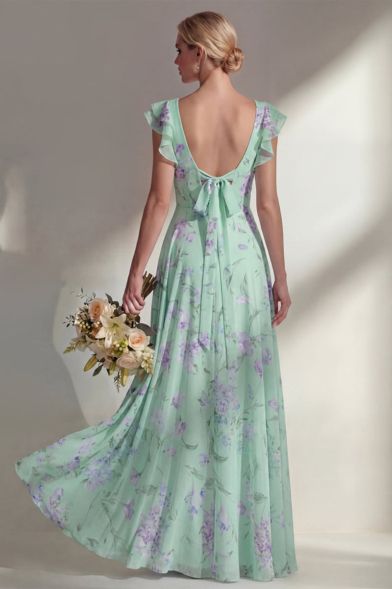 Load image into Gallery viewer, Floral Boat Neck Blue A Line Long Beach Wedding Guest Dress with Ruffles