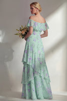 Load image into Gallery viewer, Floral Green A Line Off the Shoulder Long Boho Wedding Guest Dress with Ruffles