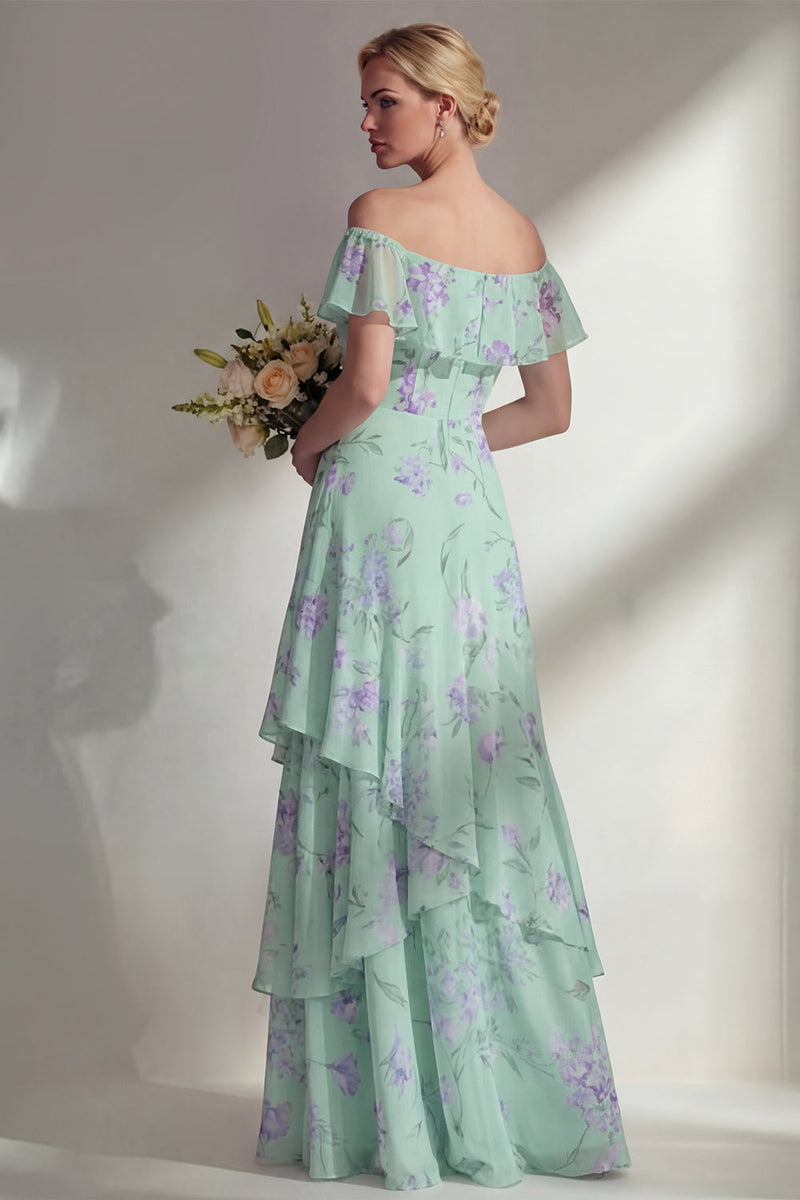 Load image into Gallery viewer, Floral Green A Line Off the Shoulder Long Boho Wedding Guest Dress with Ruffles