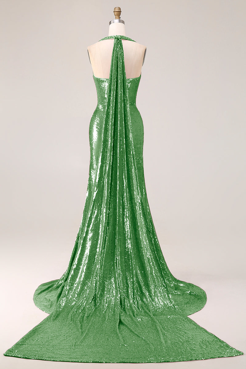 Load image into Gallery viewer, Sparkly Fuchsia Halter Mermaid Sequin Long Prom Dress with Cape