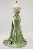 Load image into Gallery viewer, Sparkly Champagne Mermaid Satin Spaghetti Straps Long Prom Dress with Beading