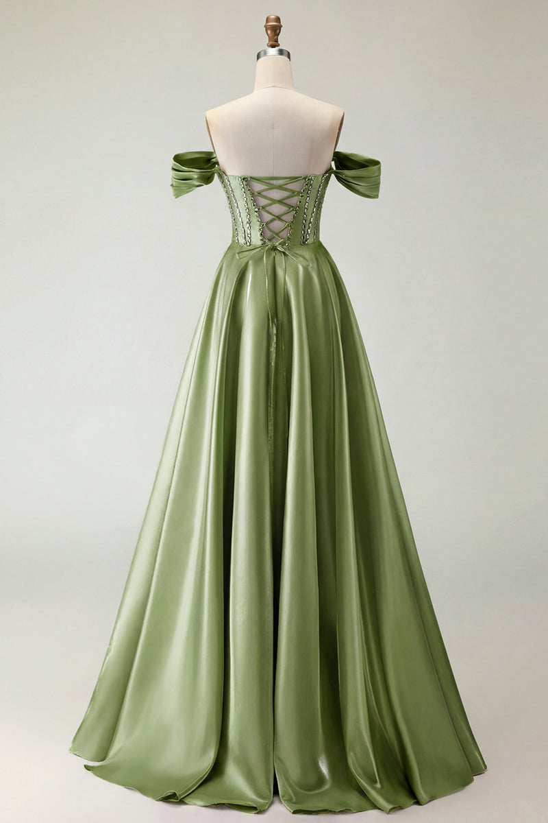 Load image into Gallery viewer, Sparkly Purple A Line Beaded Satin Long Corset Prom Dress with Slit