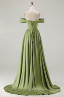 Load image into Gallery viewer, Blue A Line Off the Shoulder Satin Long Prom Dress with Slit