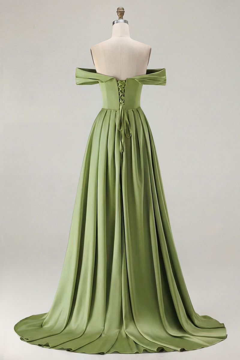 Load image into Gallery viewer, Blue A Line Off the Shoulder Satin Long Prom Dress with Slit
