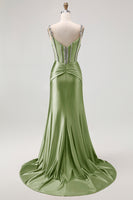 Load image into Gallery viewer, Sparkly Blush Mermaid Spaghetti Straps Satin Long Corset Prom Dress with Beading