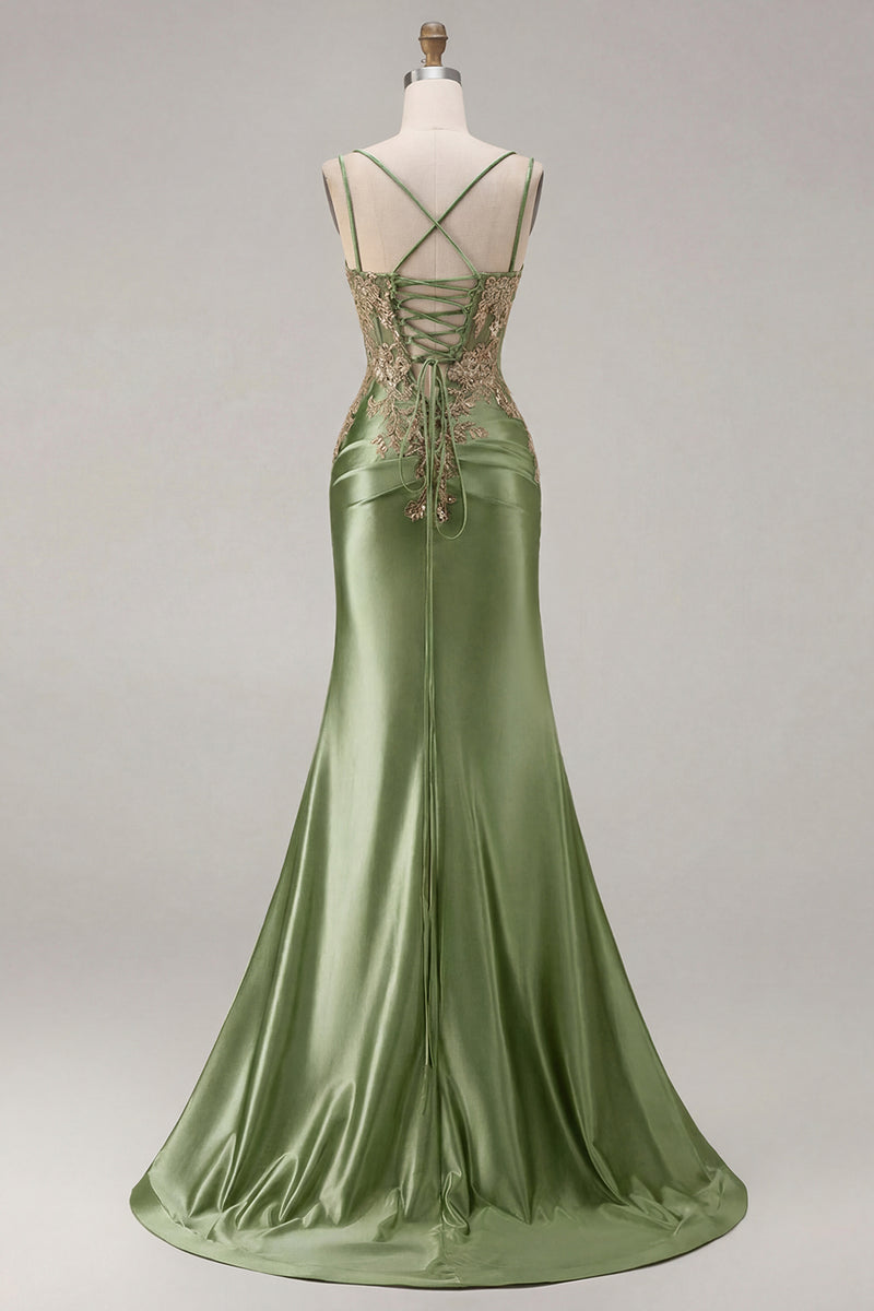 Load image into Gallery viewer, Sparkly Black Satin Floral Appliqued Long Corset Prom Dress with Slit